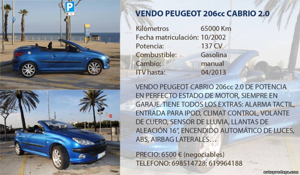 VENDO PEUGEOT 206cc CABRIO 2.0
